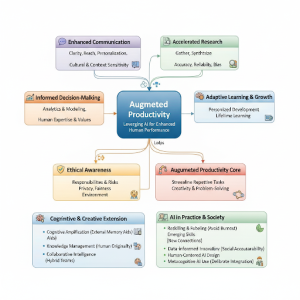 A colorful concept map titled “Augmented Productivity: Leveraging AI for Enhanced Human Performance.” At the center is a blue box labeled “Augmented Productivity,” connected to eight surrounding categories:Enhanced Communication: clarity, reach, personalization, cultural and context sensitivity. Accelerated Research: gather, synthesize, accuracy, reliability, bias. Adaptive Learning & Growth: personalized development, lifetime learning. Augmented Productivity Core: streamline repetitive tasks, creativity and problem-solving. AI in Practice & Society: reskilling and fueling (avoid burnout), emerging skills (new connections), data-informed interactivity (social accountability), human-centered AI design, metacognitive AI use (deliberate integration). Cognitive & Creative Extension: cognitive amplification (external memory aids), knowledge enhancement (human criticality), collaborative intelligence (hybrid teams). Ethical Awareness: responsibilities and risks, privacy, fairness, environment. Informed Decision-Making: analytics and modeling, human expertise and values. Arrows connect each category back to the central concept, visually representing AI’s broad impacts on human productivity and growth.